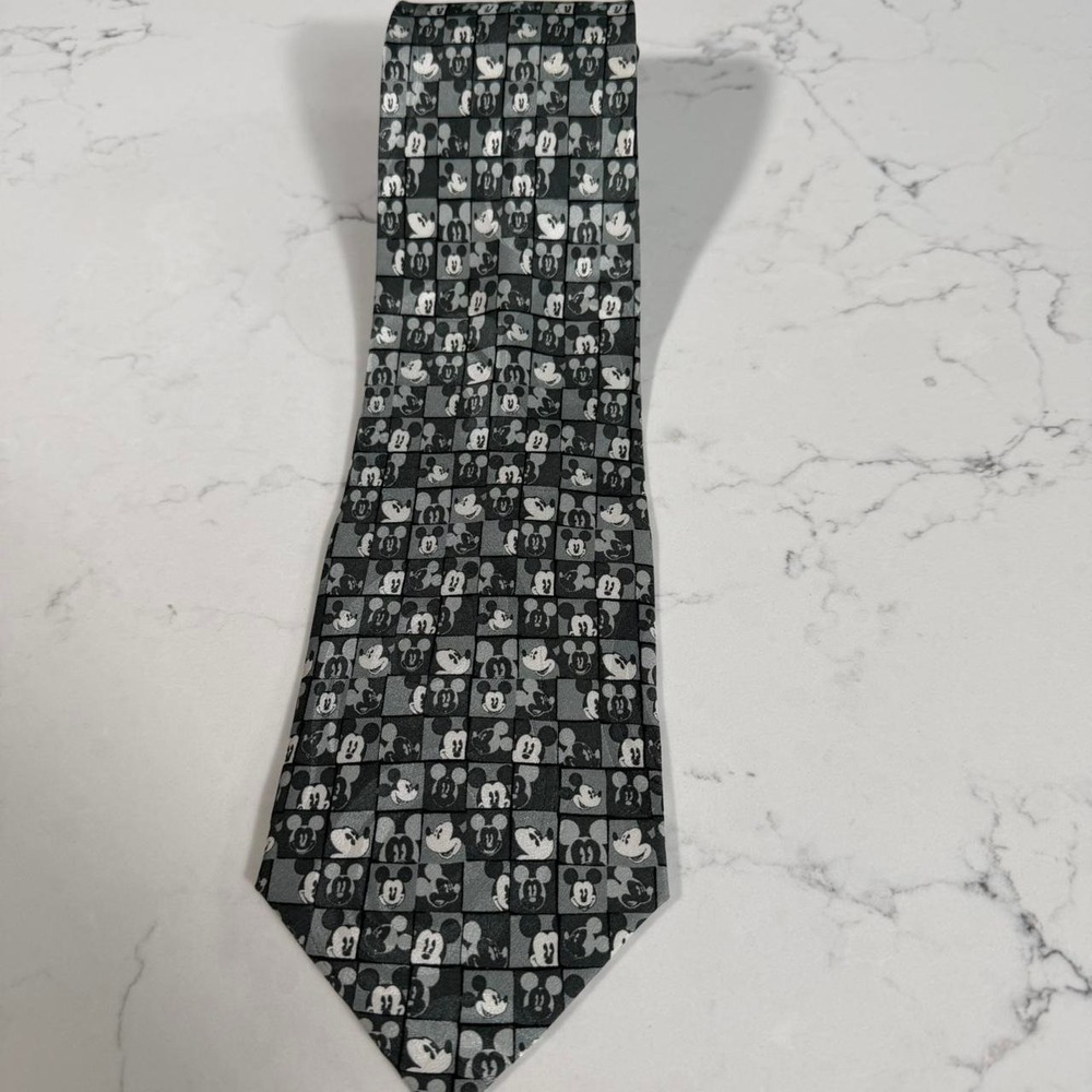 Vintage Disney World Mickey Mouse Faces Silk Necktie Gray Black Checkerboard Tie